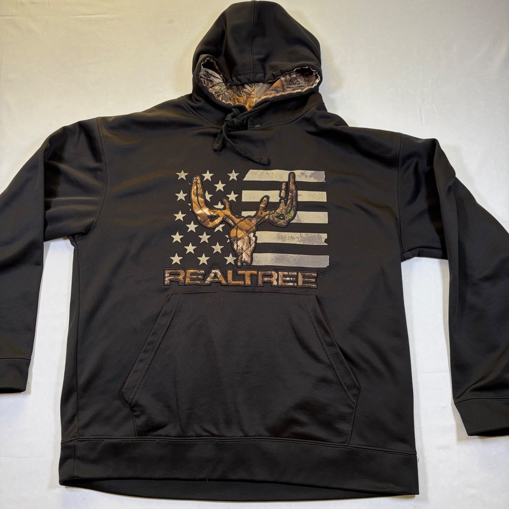 Realtree Mens Black American Flag Camo Deer Skull Performance Hoodie Large